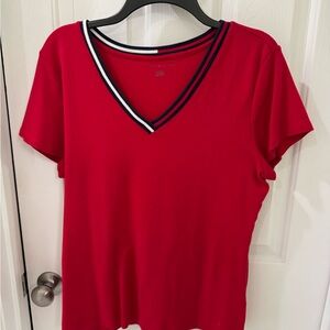 Tommy Hilfiger Red V-Neck Tee with Navy & White Stripe Trim